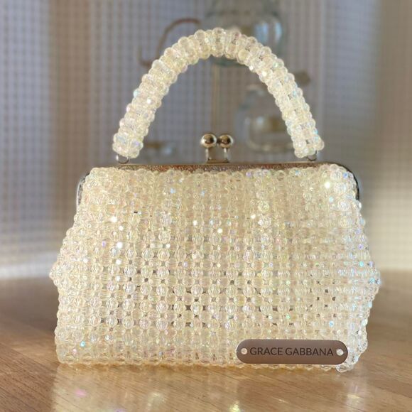 Handmade Acrylic Beaded Top Handle Purse Kiss Lock Closure Sparkly Evening Bag - Picture 2 of 8